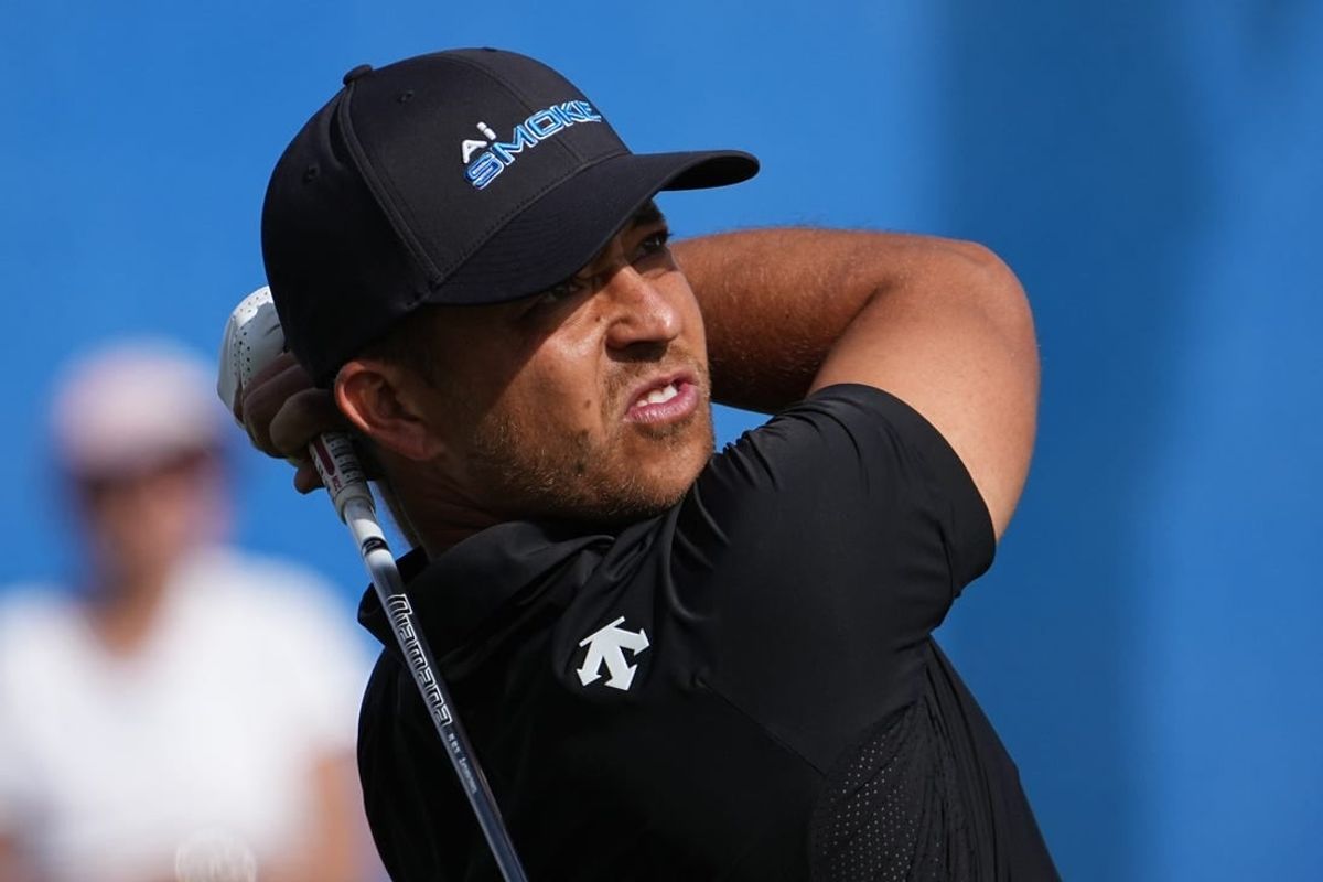 Jan 19, 2024; La Quinta, California, USA; Xander Schauffele hits his tee shot on the tenth hole during the second round of the The American Express golf tournament at PGA West Dye Stadium Cours.