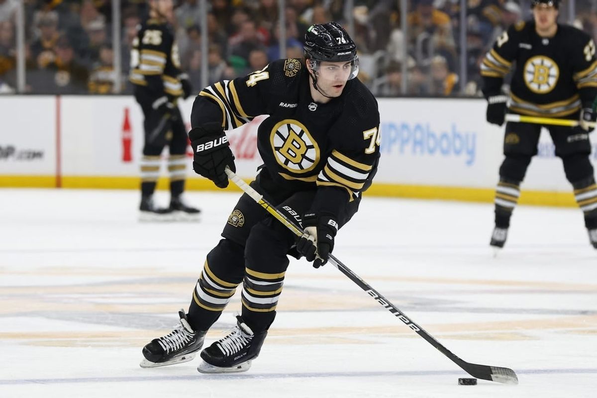 Dec 19, 2023; Boston, Massachusetts, USA; Boston Bruins left wing Jake DeBrusk (74) during the third period against the Minnesota Wild at TD Garden.