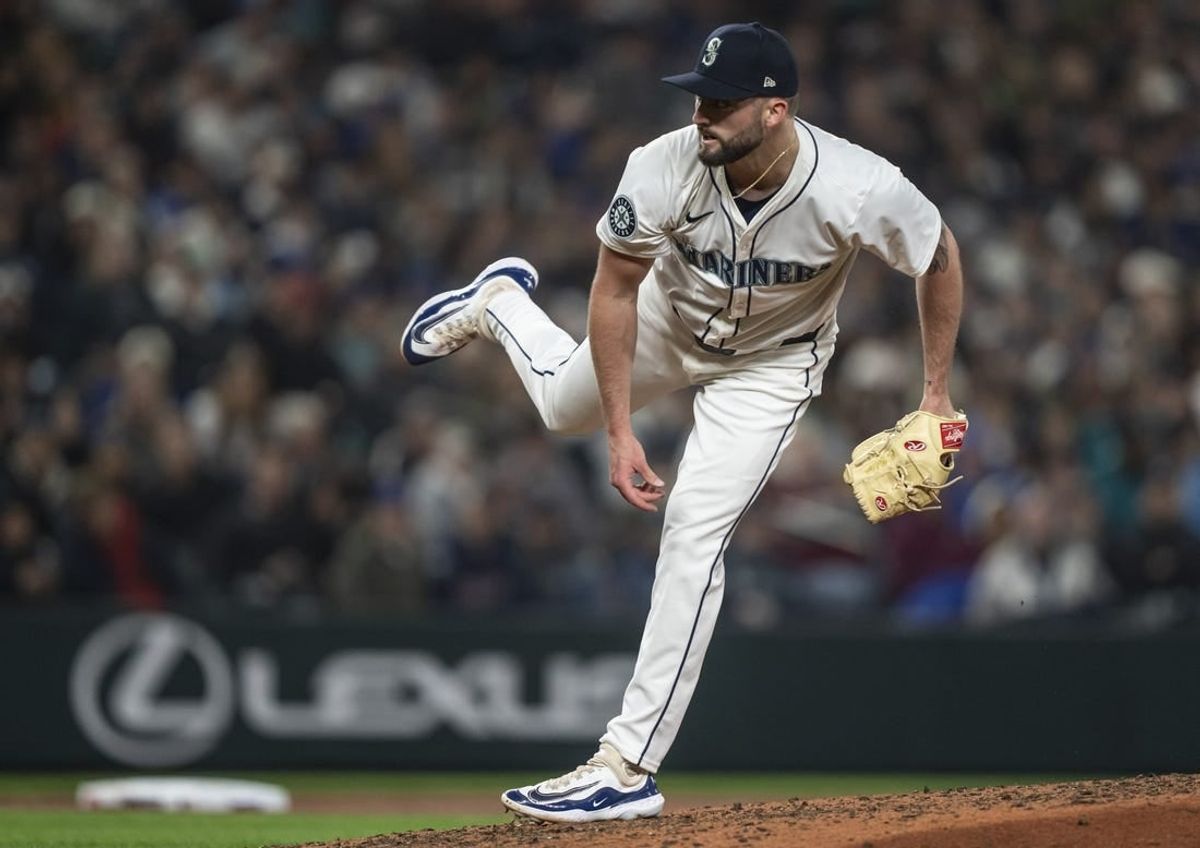 Mar 28, 2024; Seattle, Washington, USA; Seattle Mariners reliever Cody Bolton (67) delivers a pitch during the seventh inning against the Boston Red Sox at T-Mobile Park.