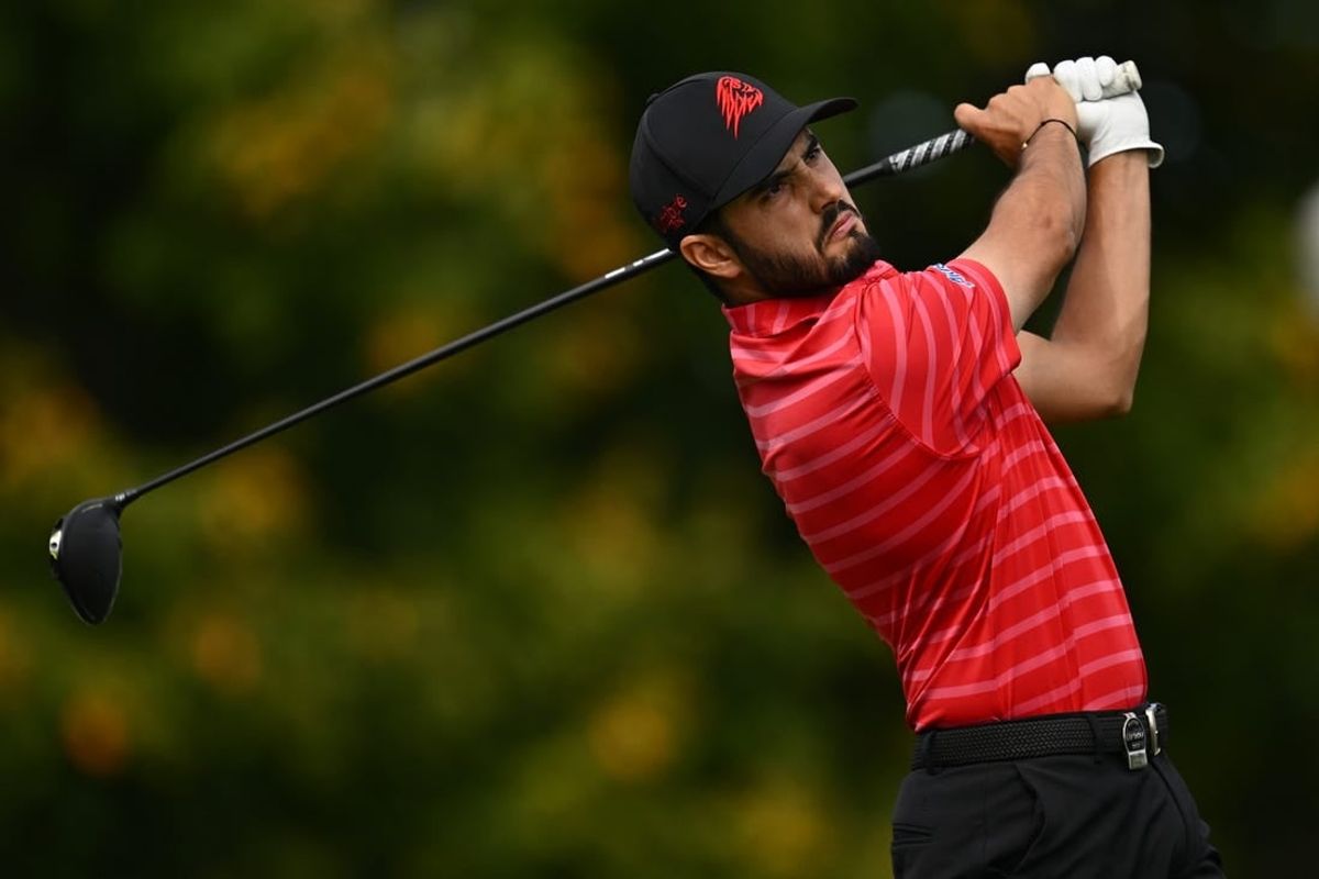 Sep 24, 2023; Sugar Grove, Illinois, USA; Abraham Ancer tees off from the 2nd tee during the final round of the LIV Golf Chicago golf tournament at Rich Harvest Farms.