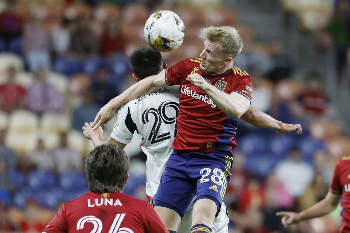 Sep 20, 2023; Sandy, Utah, USA; Real Salt Lake defender Jasper Loffelsend (28) and FC Dallas defender Sam Junqua (29) battle in the second half at America First Field.
