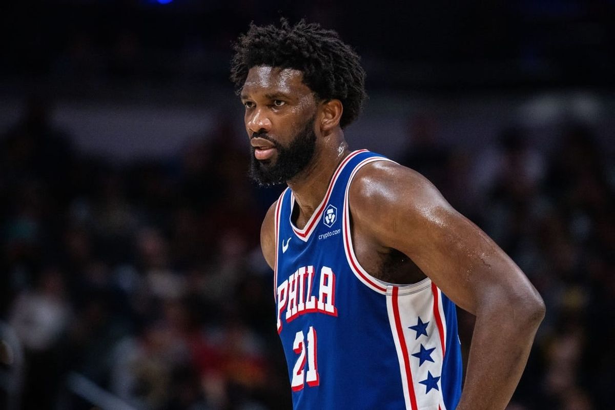 Jan 25, 2024; Indianapolis, Indiana, USA; Philadelphia 76ers center Joel Embiid (21) looks on in the first half against the Indiana Pacers at Gainbridge Fieldhouse.
