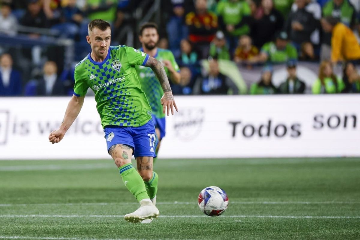 Oct 4, 2023; Seattle, Washington, USA; Seattle Sounders FC midfielder Albert Rusnak (11) passes against the Los Angeles Galaxy during the first half at Lumen Field.