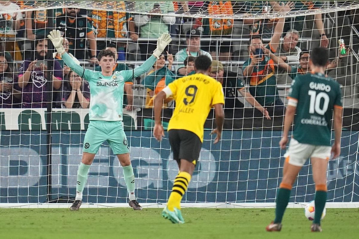 Jul 27, 2023; San Diego, California, USA; San Diego Loyal goalkeeper Duran Ferree (60) readies himself for the penalty kick by Borussia Dortmund forward Sebastien Haller (9) during the second half at Snapdragon Stadium.