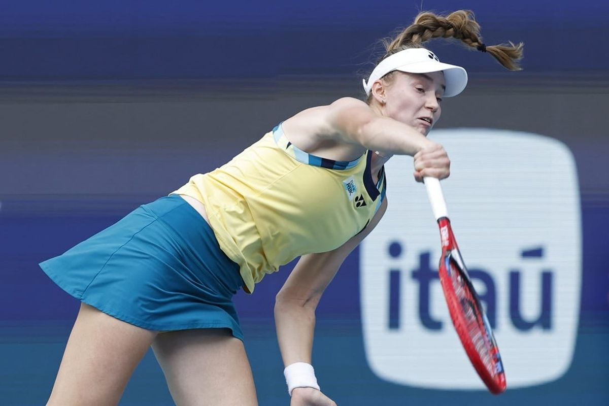 Mar 28, 2024; Miami Gardens, FL, USA; Elena Rybakina(KAZ) serves against Victoria Azarenka (not pictured) on day eleven of the Miami Open at Hard Rock Stadium.