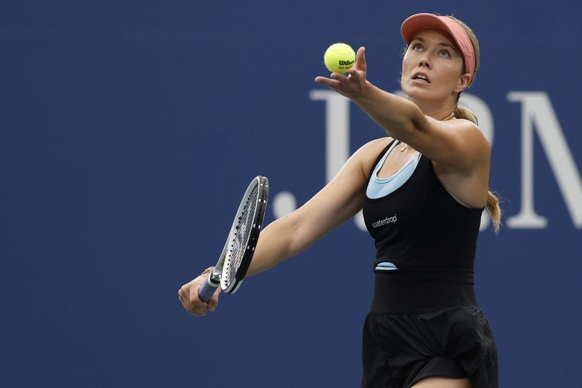 Aug 30, 2023; Flushing, NY, USA; Danielle Collins of the United States serves against Elise Mertens of Belgium (not pictured) on day three of the 2023 U.S. Open tennis tournament at USTA Billie Jean King National Tennis Center.