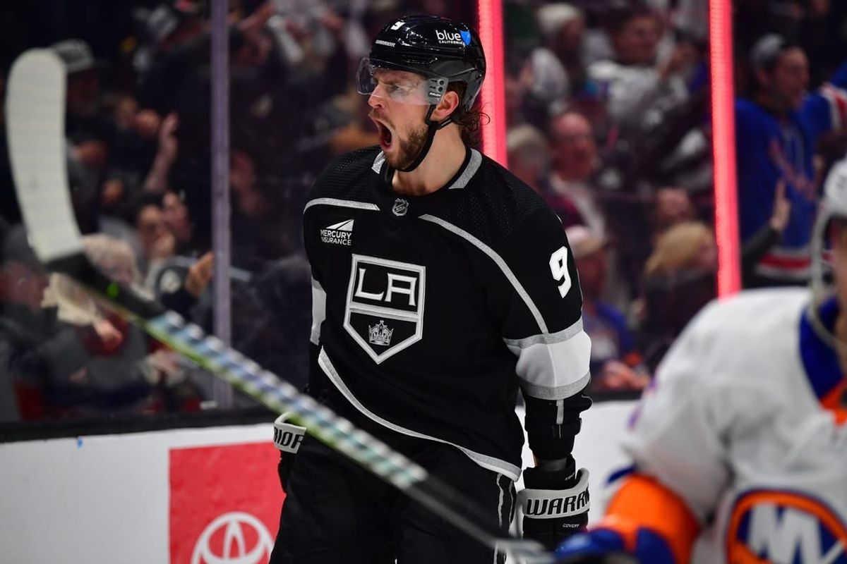 Mar 11, 2024; Los Angeles, California, USA;  Los Angeles Kings right wing Adrian Kempe (9) celebrates his goal scored against the against the New York Islanders during the second period at Crypto.com Arena.