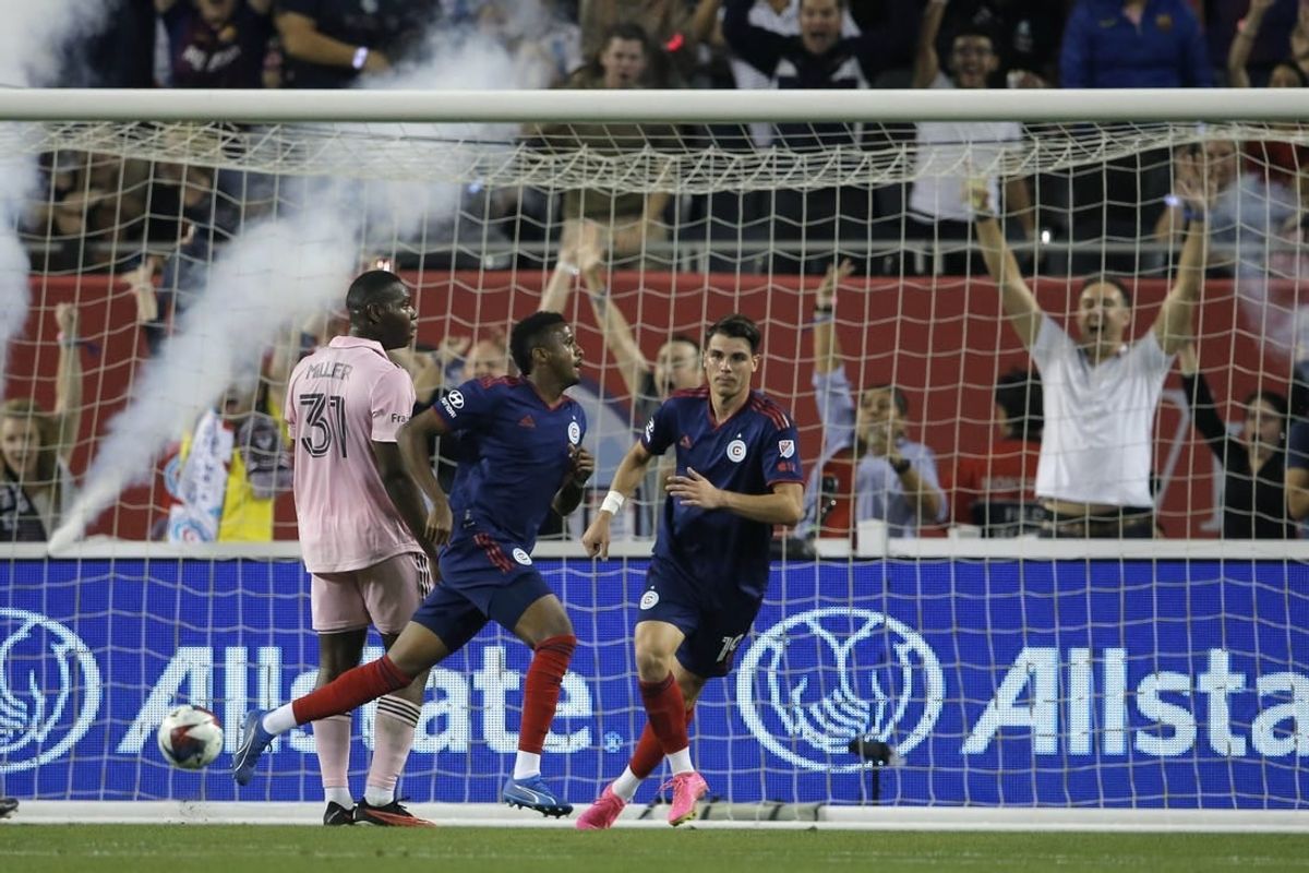 Oct 4, 2023; Chicago, Illinois, USA; Chicago Fire midfielder Maren Haile-Selassie (7) celebrates after scoring a goal against the Inter Miami CF during the second half at Soldier Field.