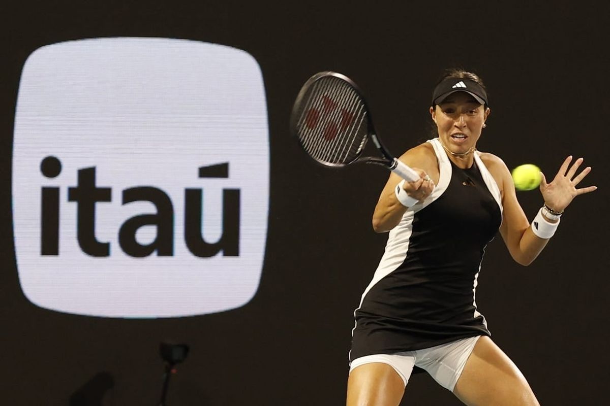Mar 27, 2024; Miami Gardens, FL, USA; Jessica Pegula (USA) hits a forehand against Ekaterina Alexandrova (not pictured) on day ten of the Miami Open at Hard Rock Stadium.