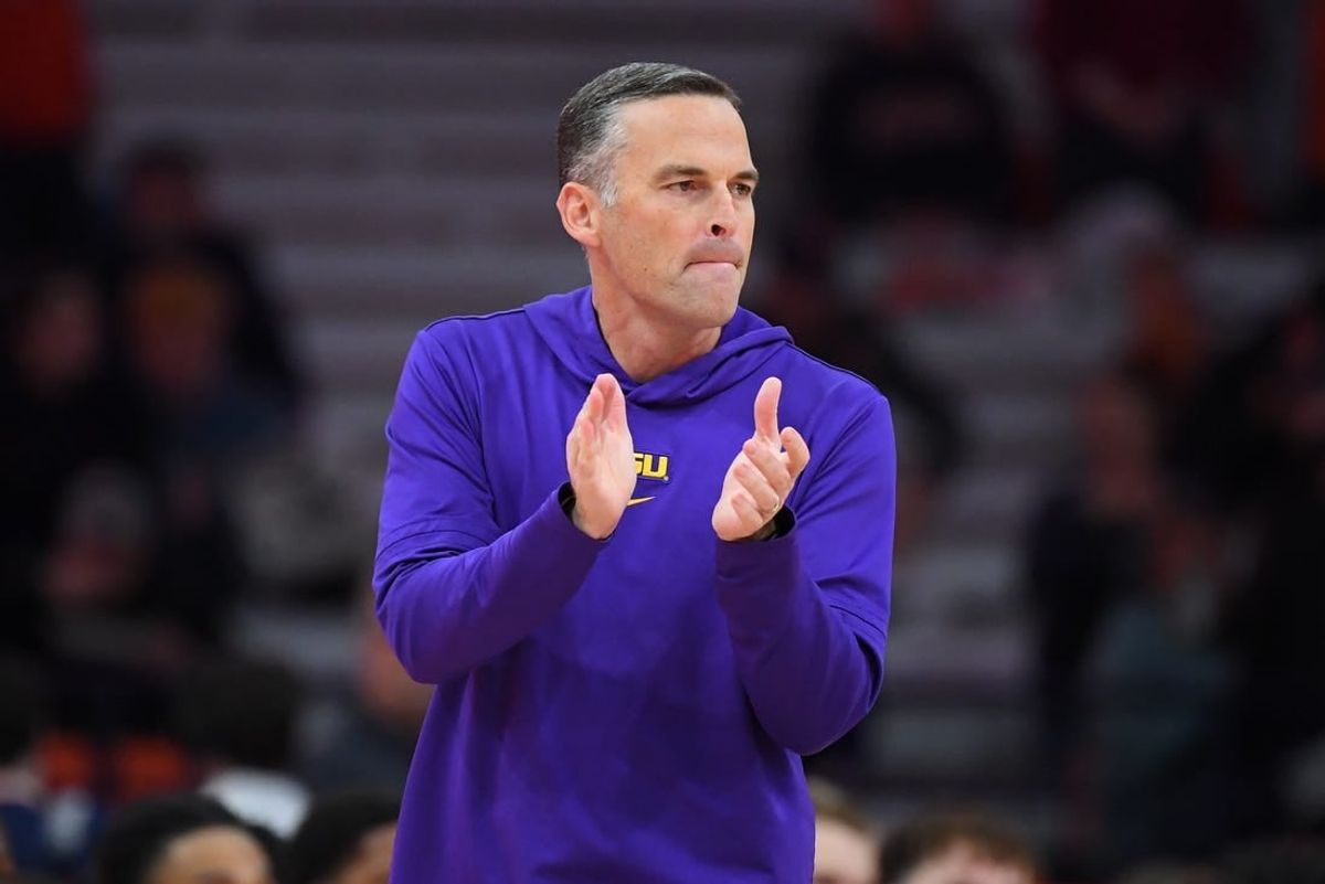 Nov 28, 2023; Syracuse, New York, USA; LSU Tigers head coach Matt McMahon looks on prior to the game against the Syracuse Orange at the JMA Wireless Dome.