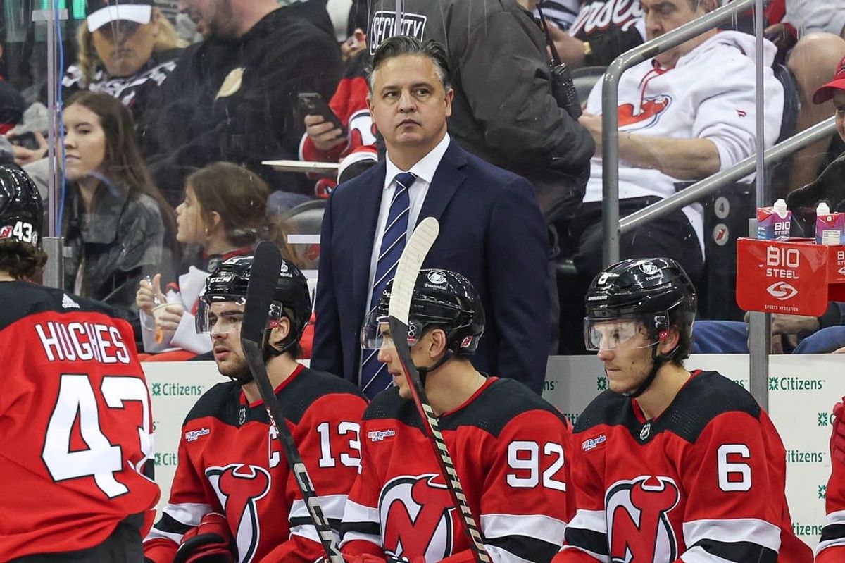 Mar 7, 2024; Newark, New Jersey, USA; New Jersey Devils interim head coach Travis Green looks on during the second period against the St. Louis Blues at Prudential Center.
