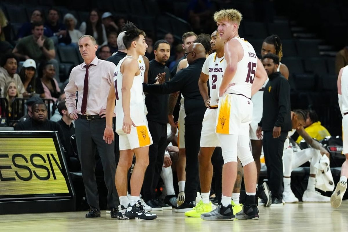 Nov 23, 2023; Las Vegas, Nevada, USA; Arizona State Sun Devils head coach Bobby Hurley awaits a review of an altercation against the Brigham Young Cougars during the second half at Michelob Ultra Arena.