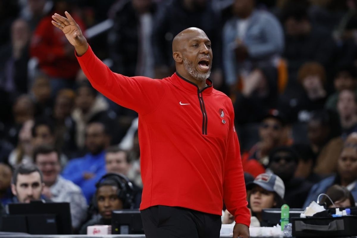 Apr 5, 2024; Washington, District of Columbia, USA; Portland Trail Blazers head coach Chauncey Billups gestures from the bench /Wednesday/ in the second half at Capital One Arena.