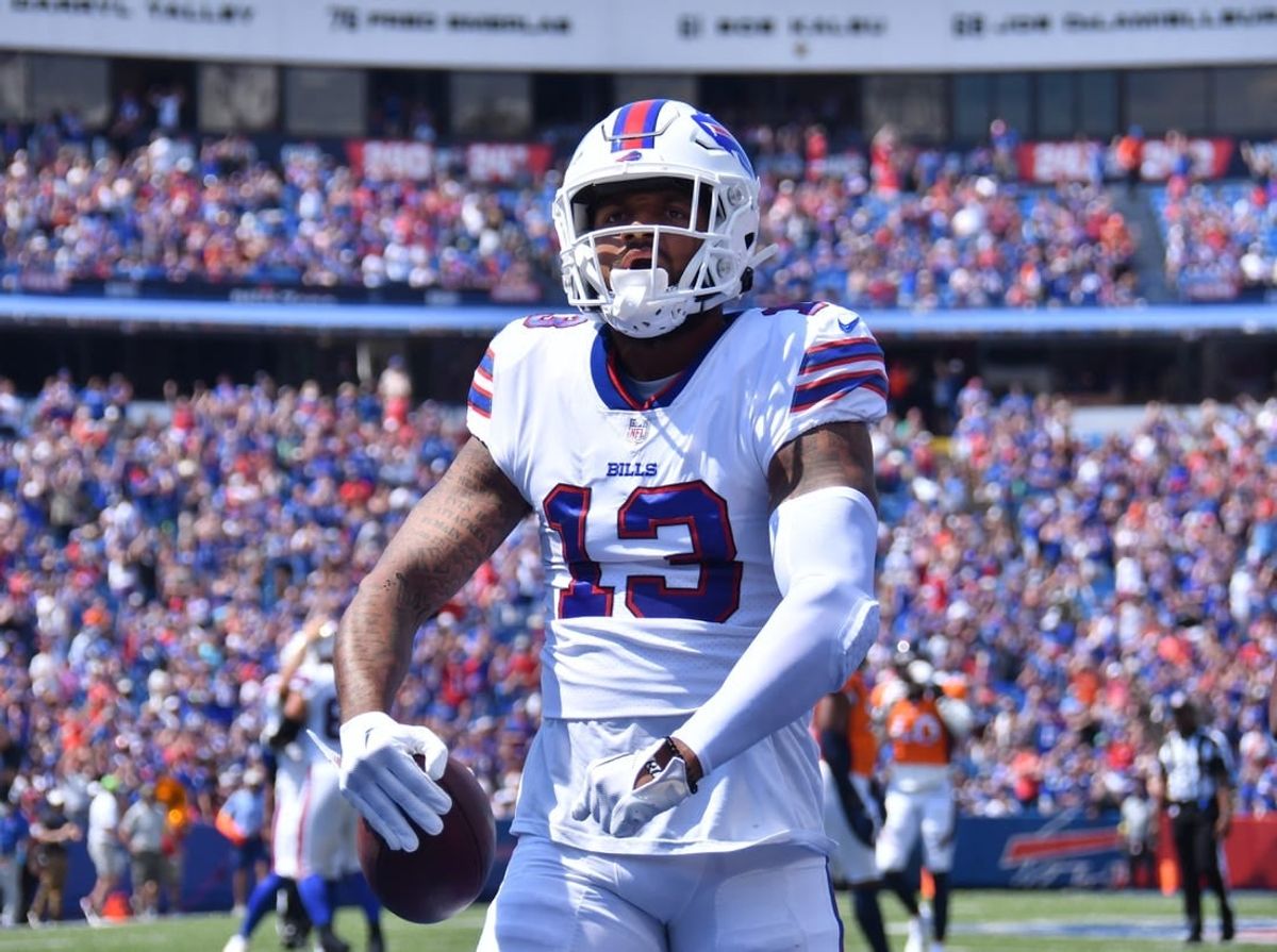 Aug 20, 2022; Orchard Park, New York, USA; Buffalo Bills wide receiver Gabriel Davis (13) celebrates scoring a touchdown in the first quarter of a pre-season game against the Denver Broncos at Highmark Stadium.