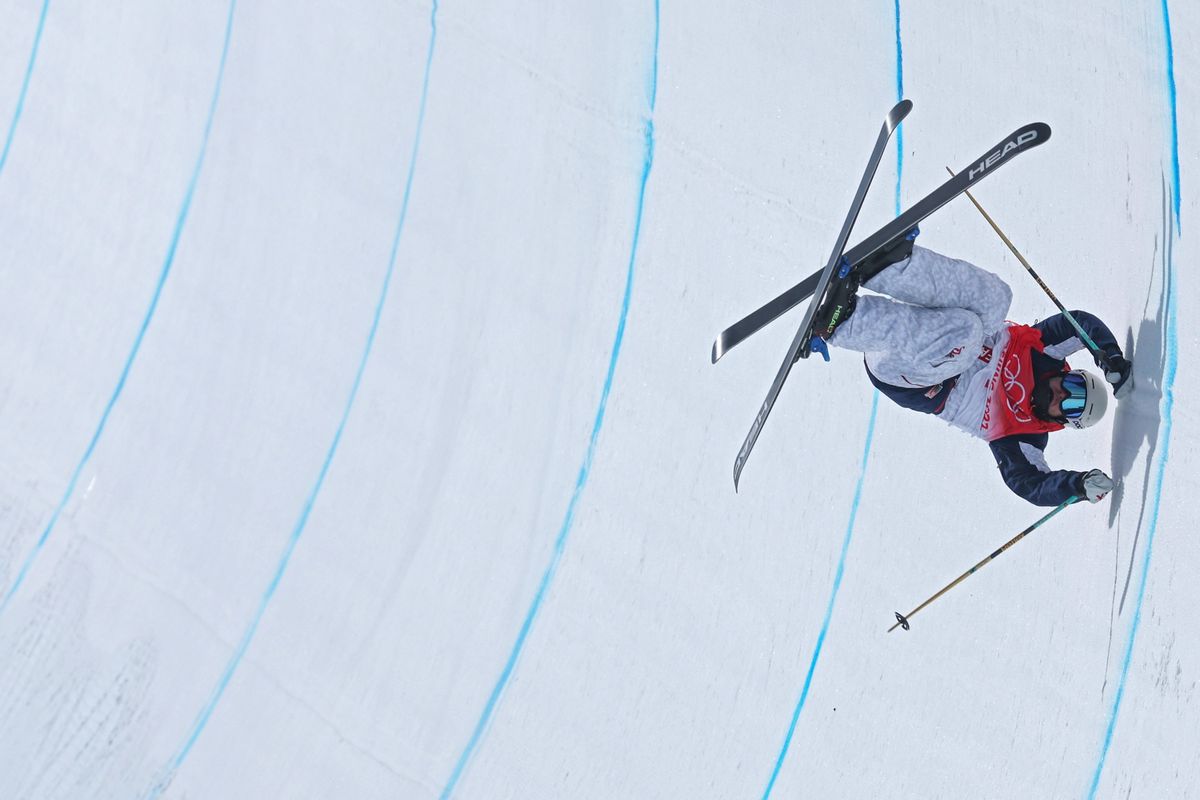 Aaron Blunck takes a tumble on during the men’s freestyle skiing halfpipe final.