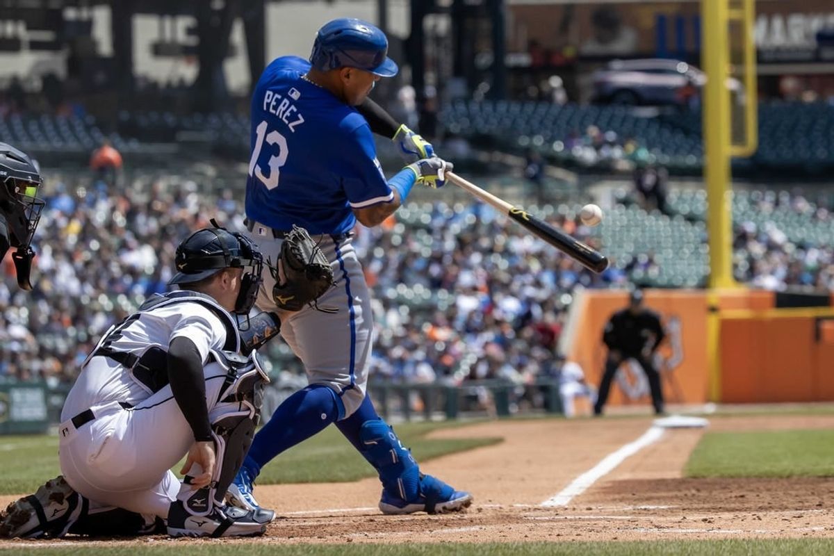 Apr 26, 2024; Detroit, Michigan, USA; Kansas City Royals catcher Salvador Perez (13) swings and makes contact against the Detroit Tigers in the second inning at Comerica Park.