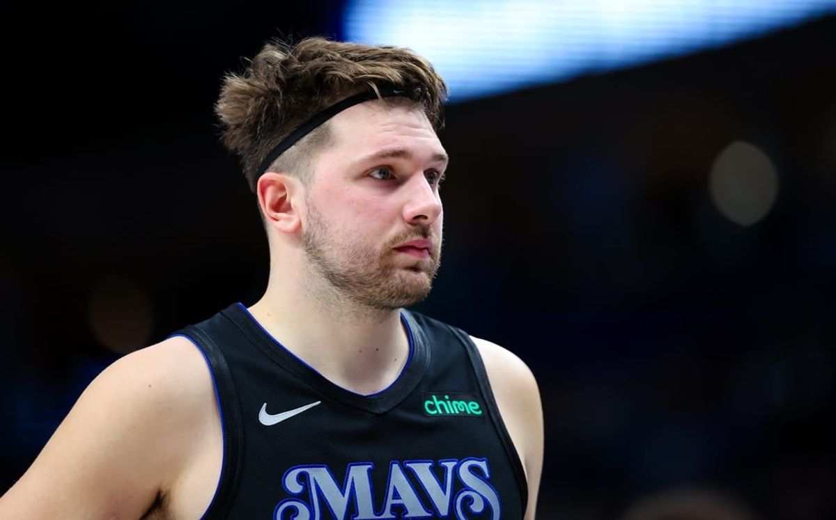 Dec 27, 2023; Dallas, Texas, USA;  Dallas Mavericks guard Luka Doncic (77) reacts during the second half against the Cleveland Cavaliers at American Airlines Center.