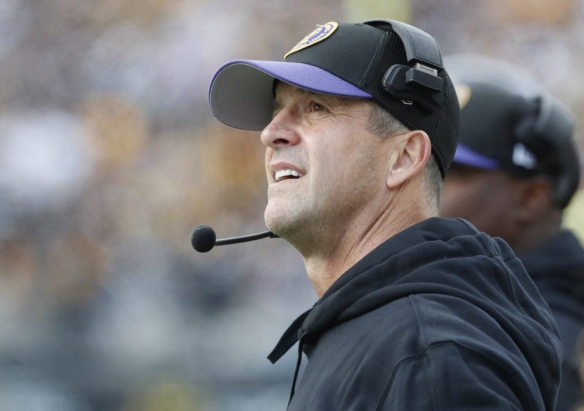 Oct 8, 2023; Pittsburgh, Pennsylvania, USA;  Baltimore Ravens head coach John Harbaugh reacts on the sidelines against the Pittsburgh Steelers during the fourth quarter at Acrisure Stadium.