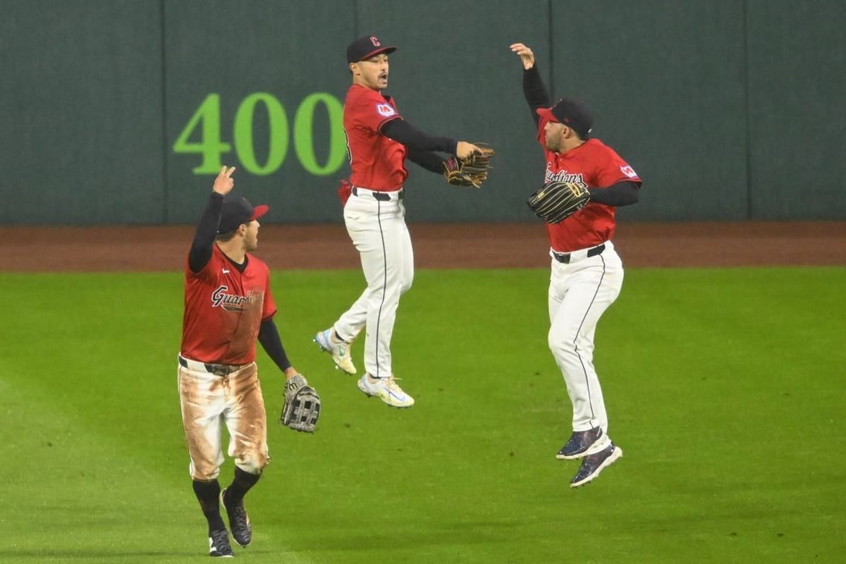 Apr 23, 2024; Cleveland, Ohio, USA; The Cleveland Guardians celebrate a win over the Boston Red Sox at Progressive Field.