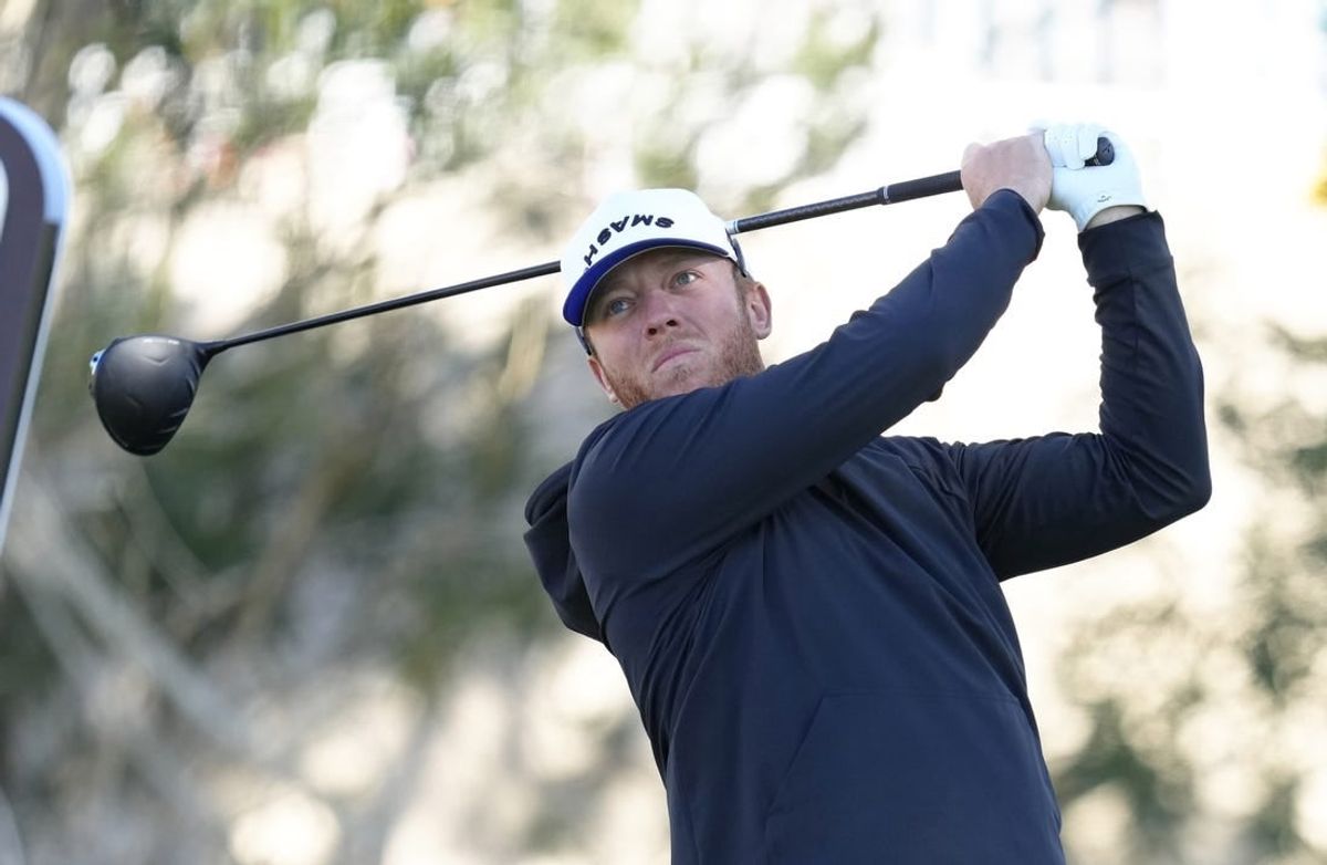 Feb 10, 2024; Las Vegas, Nevada, USA; Talor Gooch plays his shot from the 18th tee during the final round of the LIV Golf Las Vegas tournament at Las Vegas Country Club.