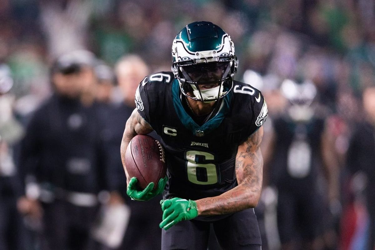 Dec 25, 2023; Philadelphia, Pennsylvania, USA; Philadelphia Eagles wide receiver DeVonta Smith (6) in action against the New York Giants during the second quarter at Lincoln Financial Field.