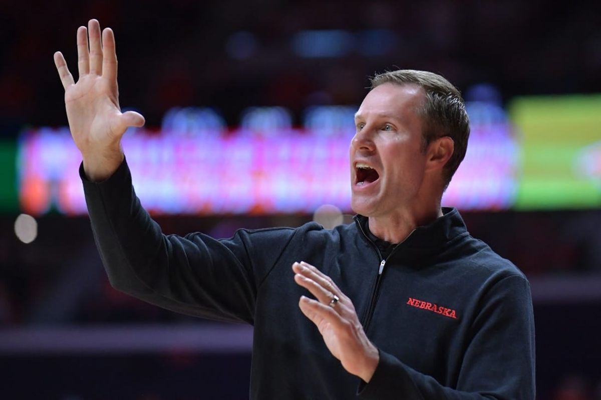 Feb 4, 2024; Champaign, Illinois, USA;  Nebraska Cornhuskers Head Coach Fred Hoiberg reacts during the second half against the Illinois Fighting Illini at State Farm Center.