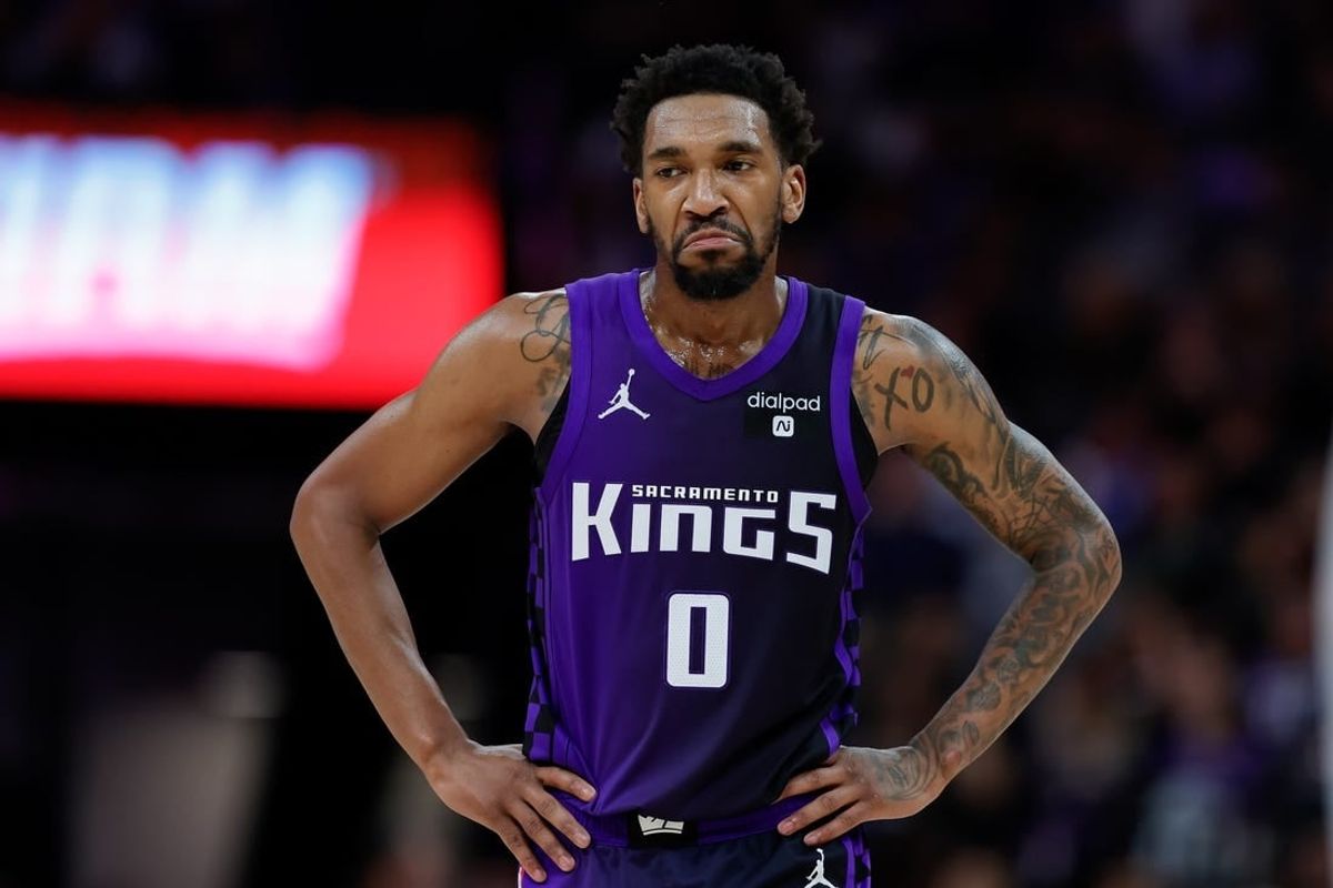 Mar 26, 2024; Sacramento, California, USA; Sacramento Kings guard Malik Monk (0) looks on during the fourth quarter against the Dallas Mavericks at Golden 1 Center.