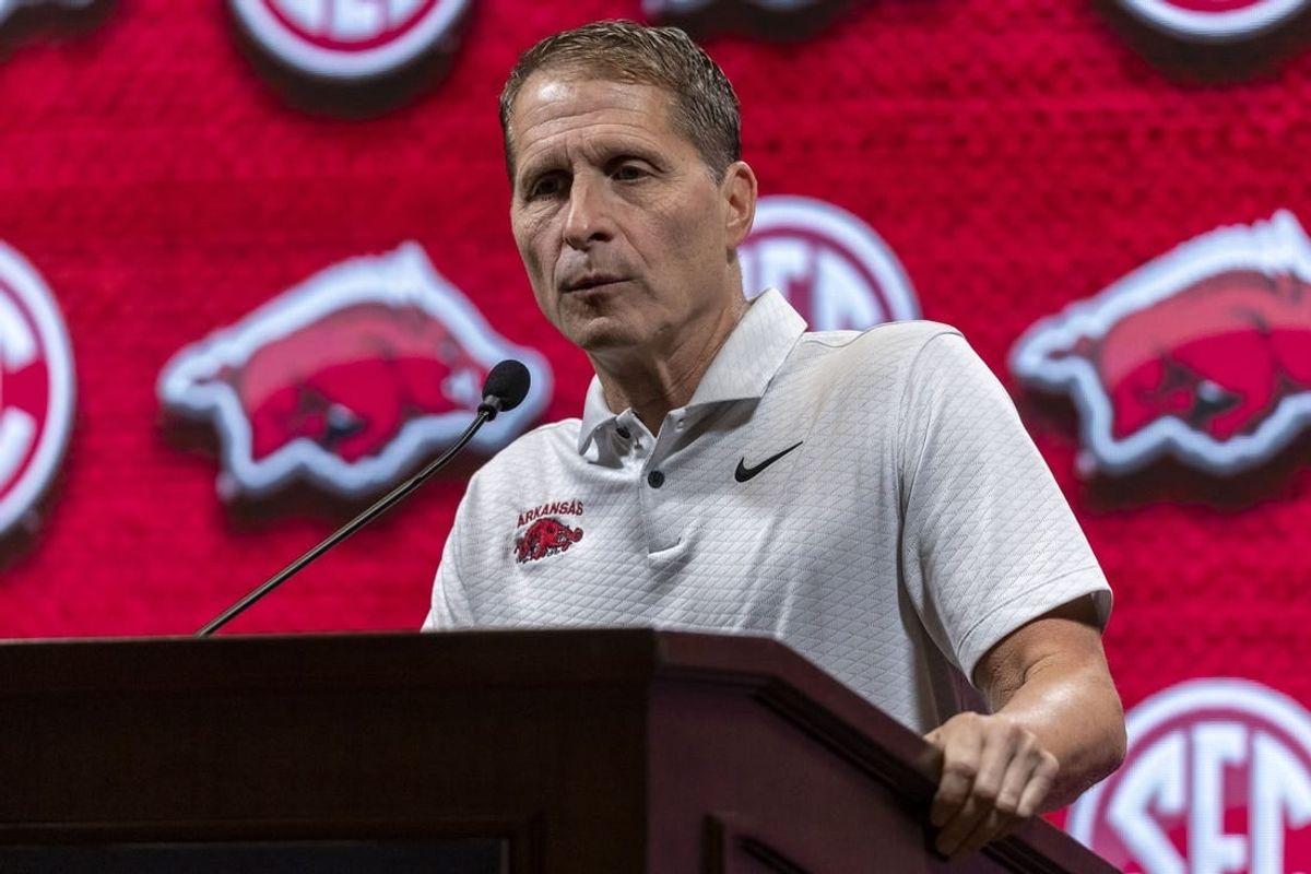 Oct 18, 2023; Brimingham, AL, USA; Arkansas Razorbacks head coach Eric Musselman talks with the media during the SEC Basketball Tipoff at Grand Bohemian Hotel Mountain Brook.