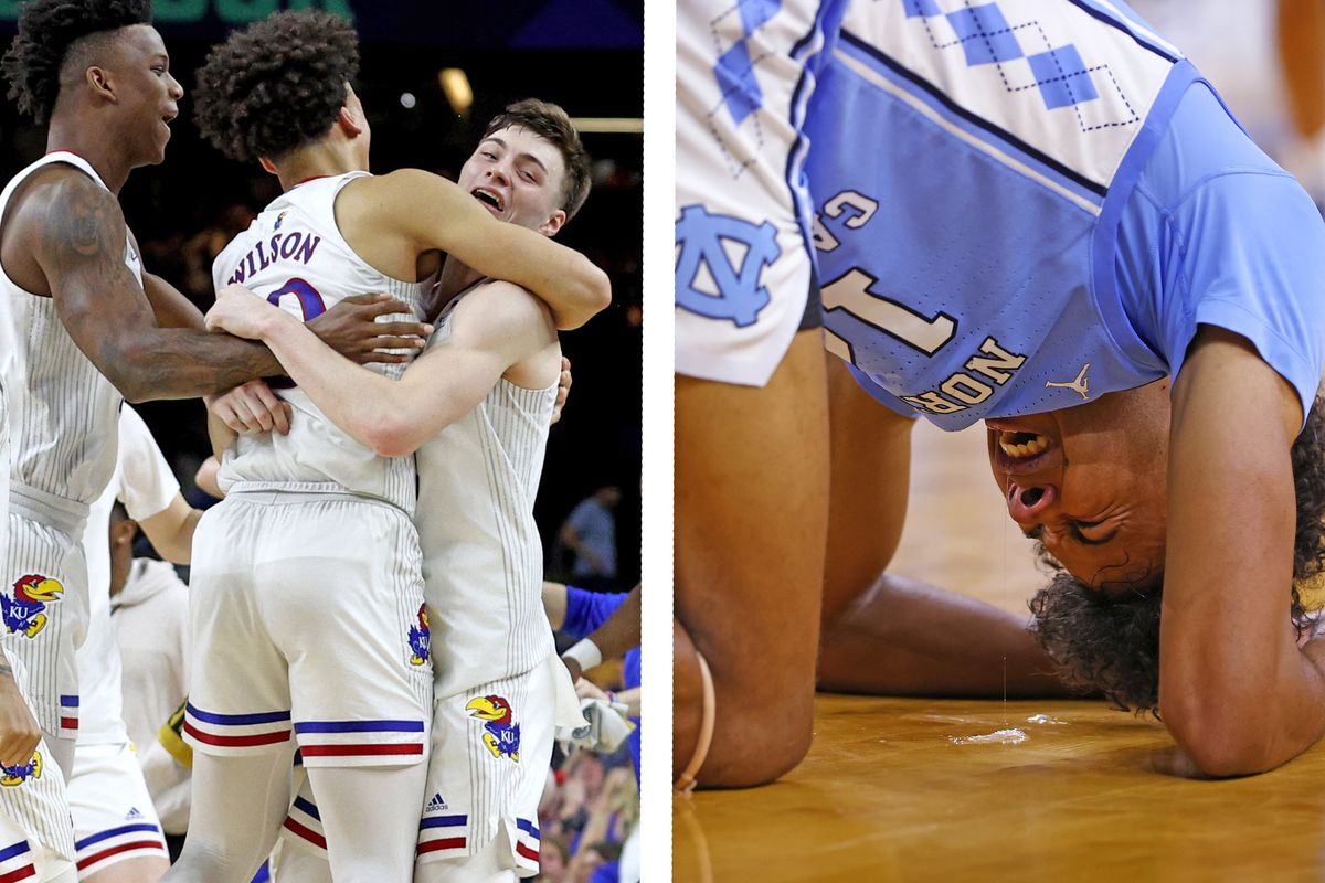 (Left) Kansas celebrates a comeback for the ages. (Right) Puff Johnson hurls.