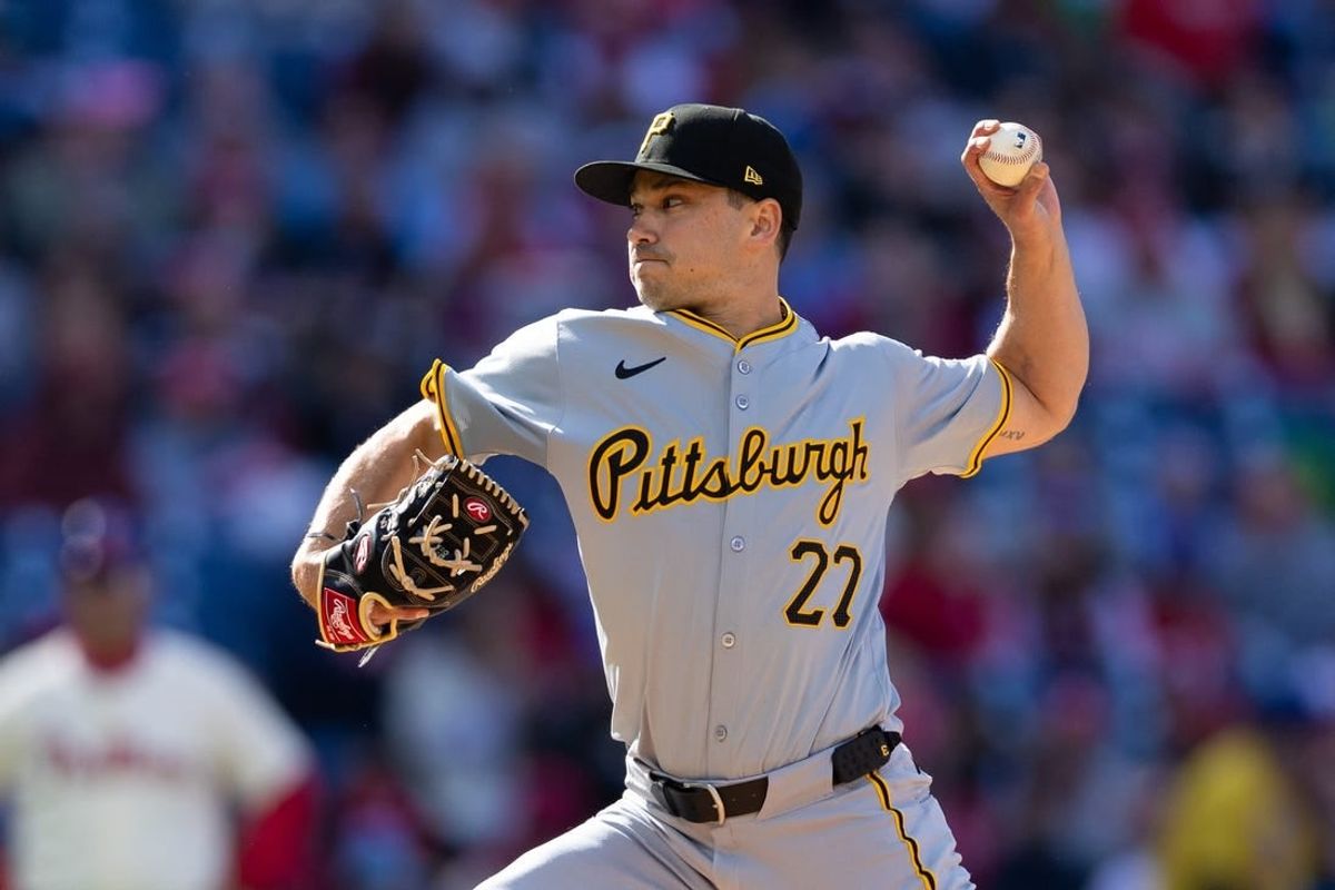 Apr 13, 2024; Philadelphia, Pennsylvania, USA; Pittsburgh Pirates pitcher Marco Gonzales (27) throws a pitch during the first inning against the Philadelphia Phillies at Citizens Bank Park.