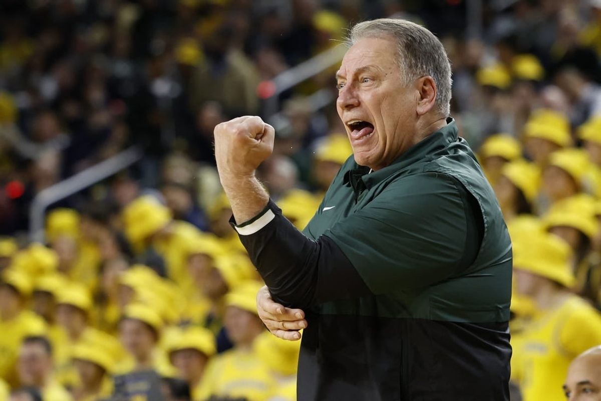 Feb 17, 2024; Ann Arbor, Michigan, USA;  Michigan State Spartans head coach Tom Izzo reacts in the first half against the Michigan Wolverines at Crisler Center.
