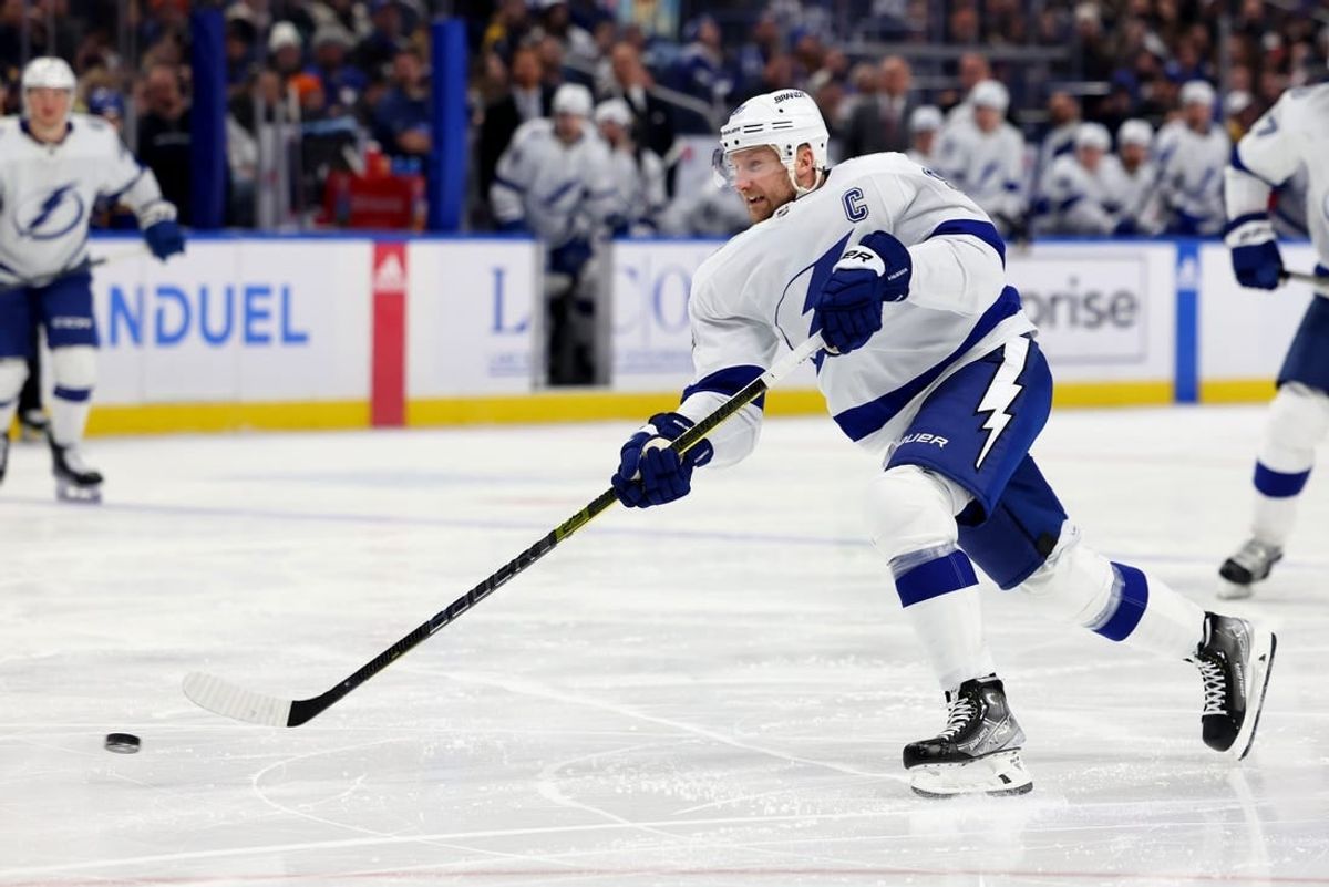 Jan 20, 2024; Buffalo, New York, USA;  Tampa Bay Lightning center Steven Stamkos (91) takes a shot on goal during the third period against the Buffalo Sabres at KeyBank Center.