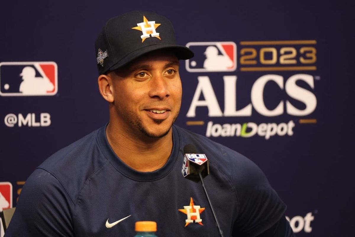 Oct 16, 2023; Houston, Texas, USA; Houston Astros designated hitter Michael Brantley (23) talks in a press conference before game two against the Texas Rangers in the ALCS for the 2023 MLB playoffs at Minute Maid Park.