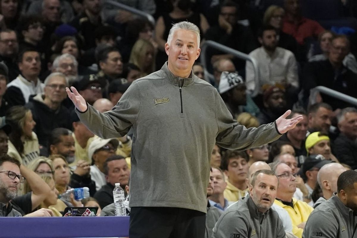 Dec 1, 2023; Evanston, Illinois, USA; Purdue Boilermakers head coach Matt Painter gestures to his team during the second half at Welsh-Ryan Arena.
