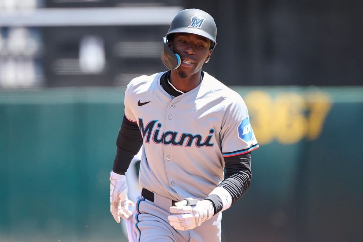 May 5, 2024; Oakland, California, USA; Miami Marlins outfielder Nick Gordon (1) runs the bases after hitting a three run home run against the Oakland Athletics during the first inning at Oakland-Alameda County Coliseum.
