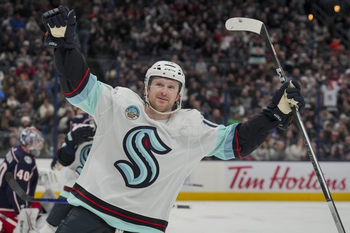 cJan 13, 2024; Columbus, Ohio, USA;  Seattle Kraken left wing Jared McCann (19) celebrates after scoring a goal against the Columbus Blue Jackets in the third period at Nationwide Arena.