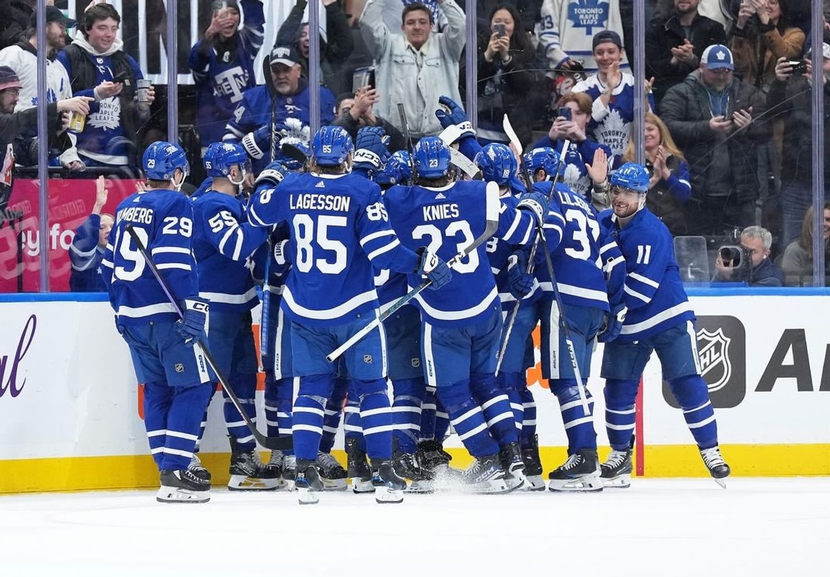 Feb 15, 2024; Toronto, Ontario, CAN; The Toronto Maple Leafs players celebrate the win after right wing William Nylander (88) (not pictured) scored the winning goal against the Philadelphia Flyers during the overtime period at Scotiabank Arena.