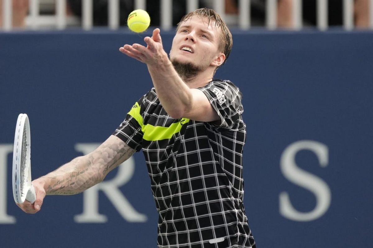 Aug 7, 2023; Toronto, Ontario, Canada; Alexander Bublik (KAZ) serves against Hubert Hurkacz (not pictured) at Sobeys Stadium.