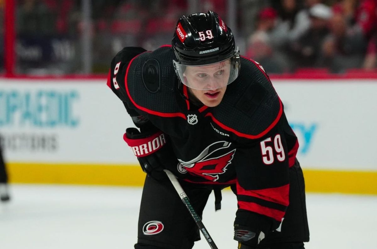 Mar 12, 2024; Raleigh, North Carolina, USA; Carolina Hurricanes left wing Jake Guentzel (59) looks on against the New York Rangers during the third period at PNC Arena.