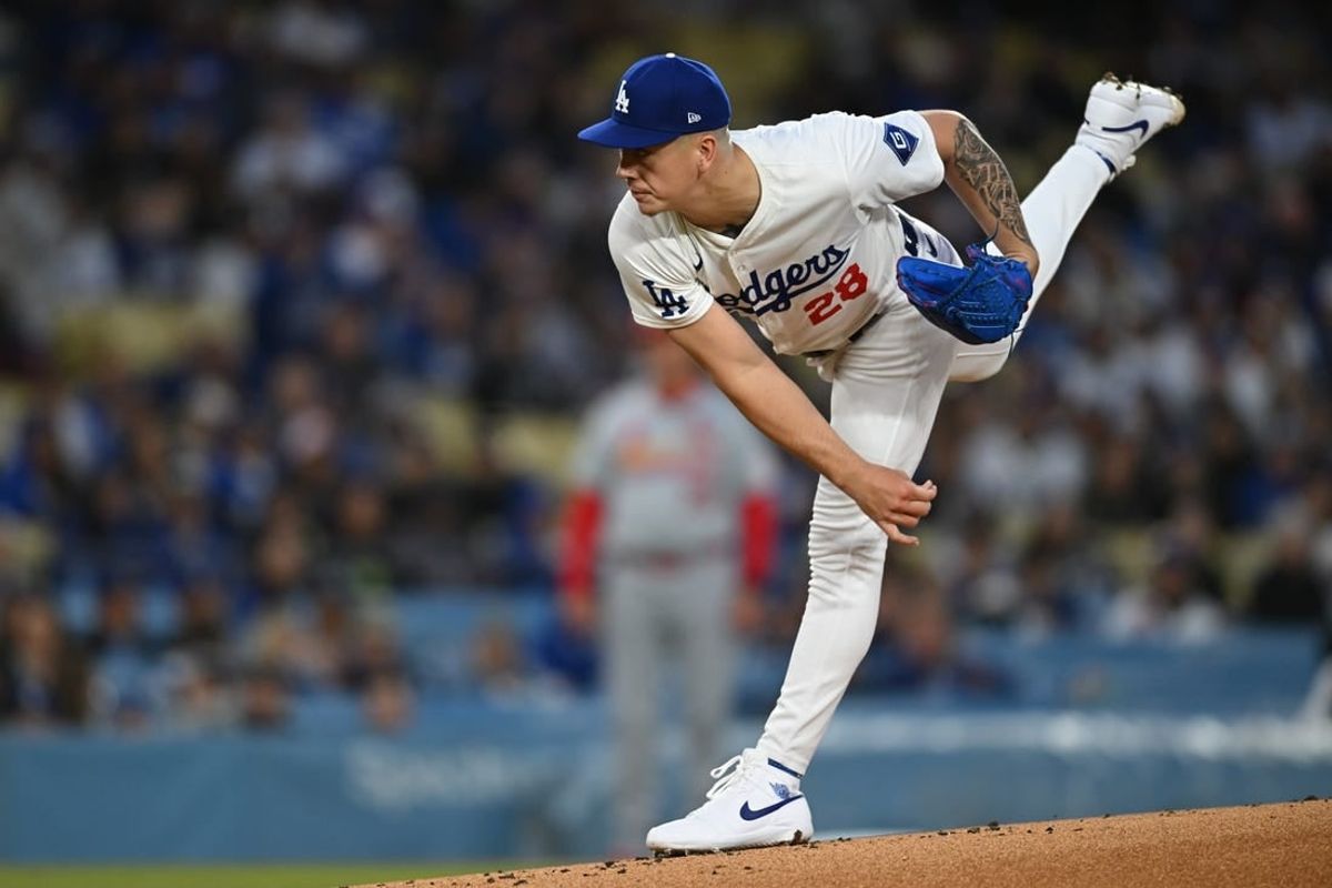 Mar 29, 2024; Los Angeles, California, USA; Los Angeles Dodgers starting pitcher Bobby Miller (28) throws a pitch against the St. Louis Cardinals during the first inning at Dodger Stadium.
