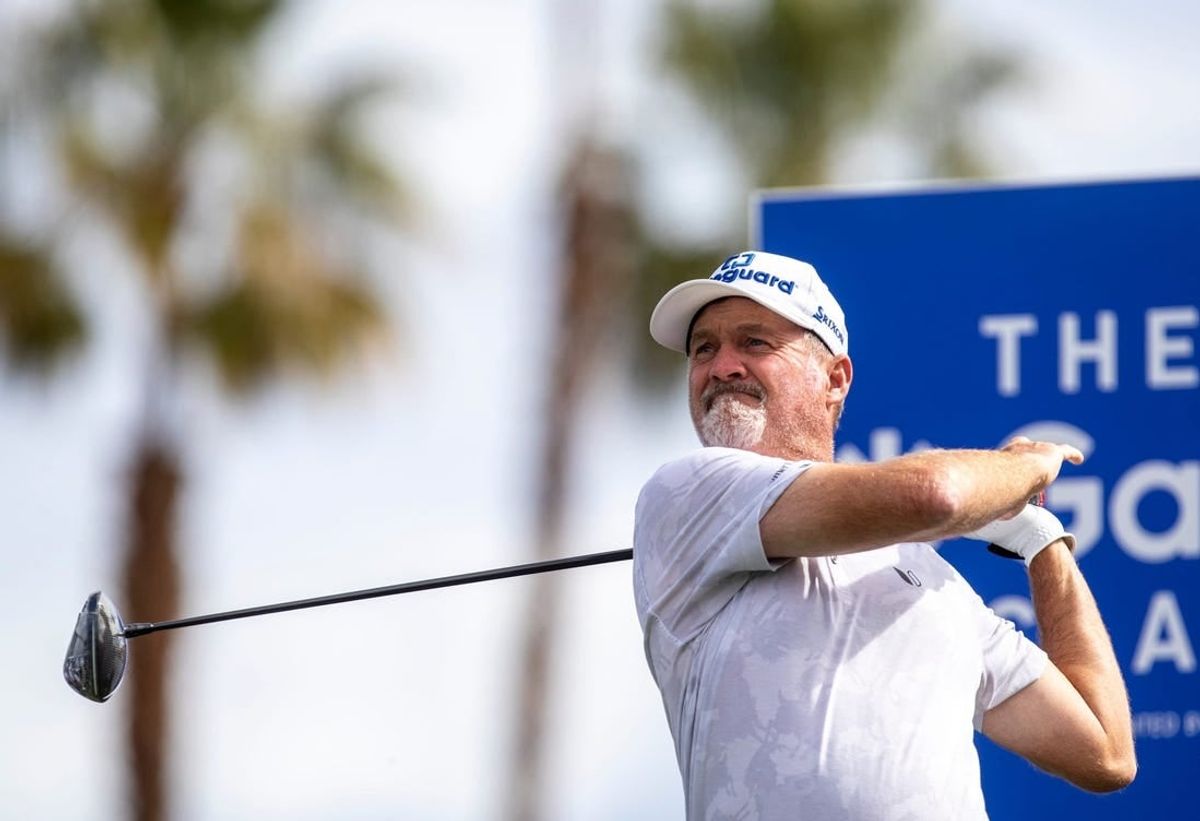 Jerry Kelly tees off on one to start the final round of The Galleri Classic at Mission Hills Country Club in Rancho Mirage, Calif., Sunday, March 31, 2024.