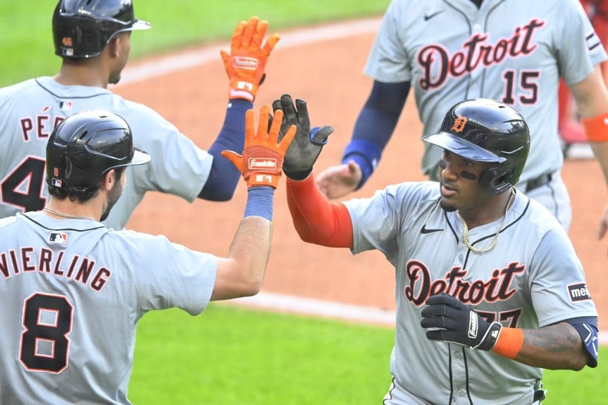 May 7, 2024; Cleveland, Ohio, USA; Detroit Tigers second baseman Andy Ibanez (77) celebrates his three-run home run in the second inning against the Cleveland Guardians at Progressive Field.