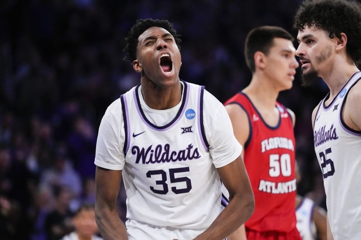 Mar 25, 2023; New York, NY, USA; Kansas State Wildcats forward Nae'Qwan Tomlin (35) reacts during the second half of an NCAA tournament East Regional final against the Florida Atlantic Owls at Madison Square Garden.