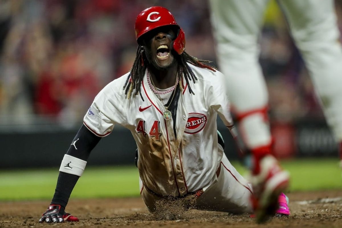 Apr 8, 2024; Cincinnati, Ohio, USA; Cincinnati Reds shortstop Elly De La Cruz (44) runs the bases after hitting an inside-the-park home run in the seventh inning against the Milwaukee Brewers at Great American Ball Park.
