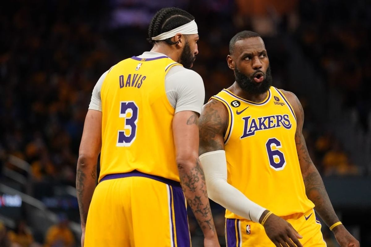 May 2, 2023; San Francisco, California, USA; Los Angeles Lakers forward LeBron James (6) talks with forward Anthony Davis (3) during a break in the action against the Golden State Warriors in the fourth quarter during game one of the 2023 NBA playoffs at the Chase Center.