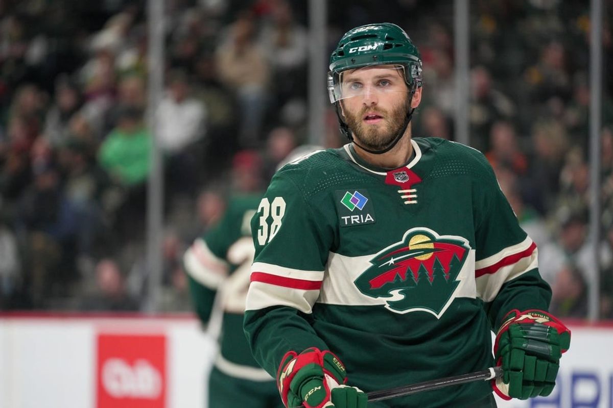 Feb 19, 2024; Saint Paul, Minnesota, USA; Minnesota Wild right wing Ryan Hartman (38) during a break in the action against the Vancouver Canucks in the third period at Xcel Energy Center.