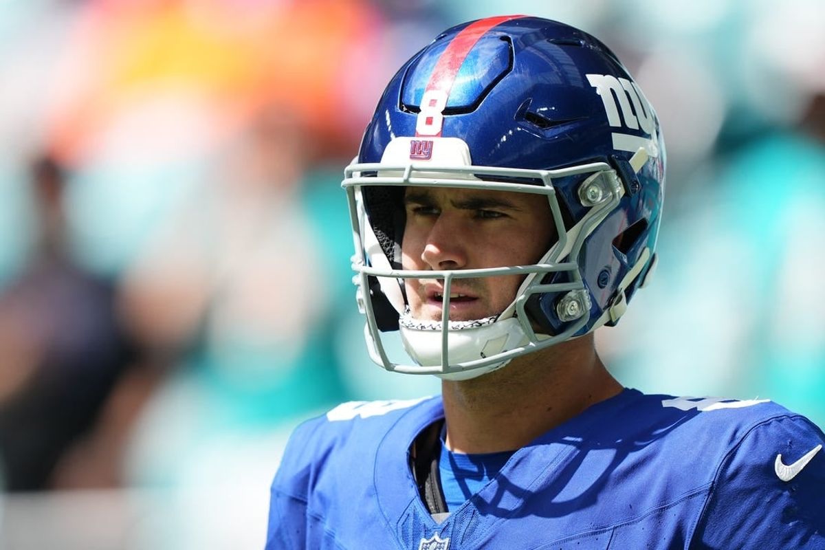 Oct 8, 2023; Miami Gardens, Florida, USA; New York Giants quarterback Daniel Jones (8) walks onto the field prior to the game against the New York Giants at Hard Rock Stadium.
