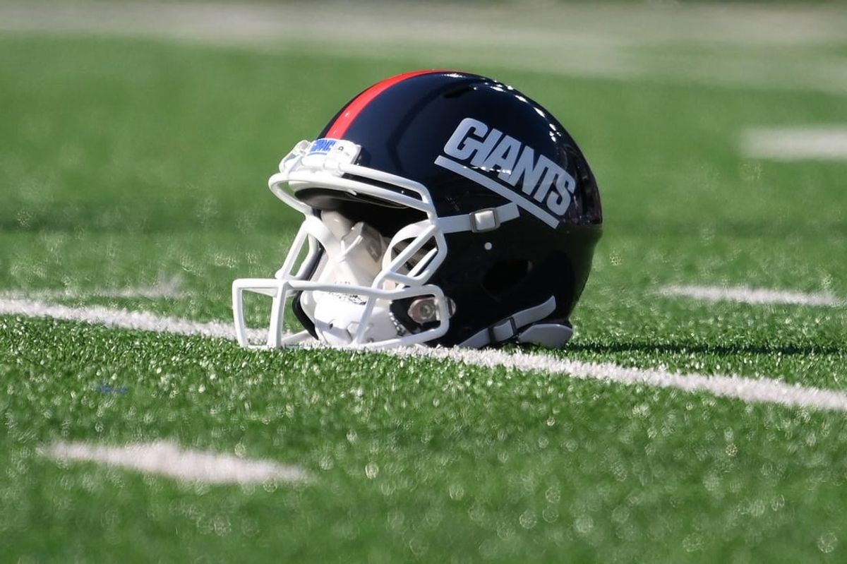 Dec 4, 2022; East Rutherford, New Jersey, USA; General view of a New York Giants helmet prior to the game against the Washington Commanders at MetLife Stadium.