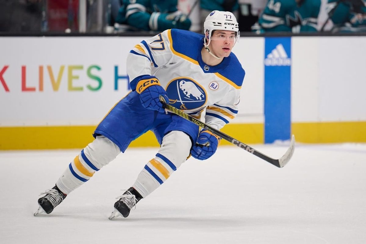 Jan 27, 2024; San Jose, California, USA; Buffalo Sabres right wing JJ Peterka (77) skates against the San Jose Sharks during the third period at SAP Center at San Jose.