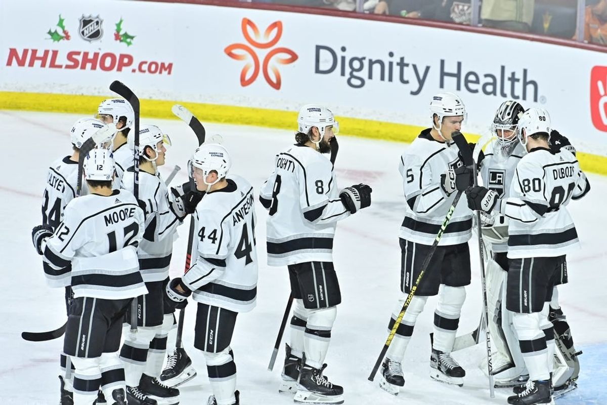 Nov 20, 2023; Tempe, Arizona, USA; The Los Angeles Kings celebrate after beating the Arizona Coyotes 4-1 at Mullett Arena.
